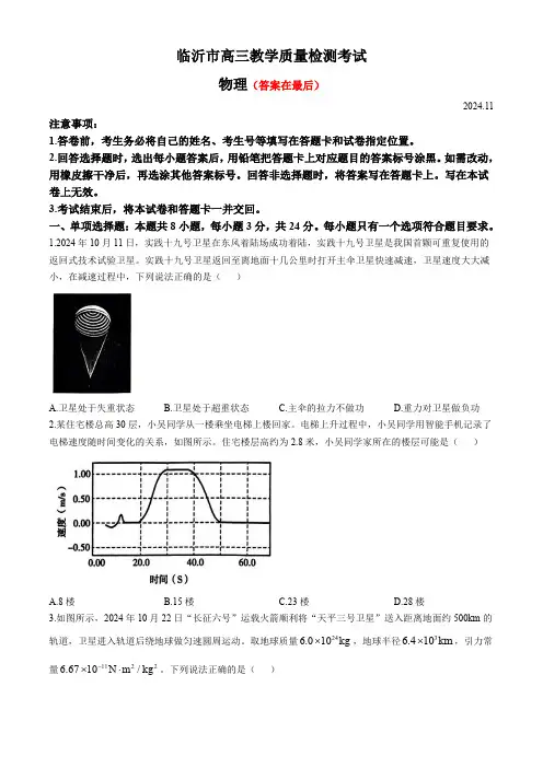 山东省临沂市2024-2025学年高三上学期11月期中考试 物理含答案