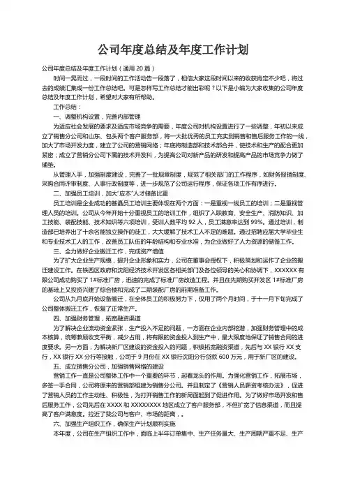 公司年度总结及年度工作计划（通用20篇）