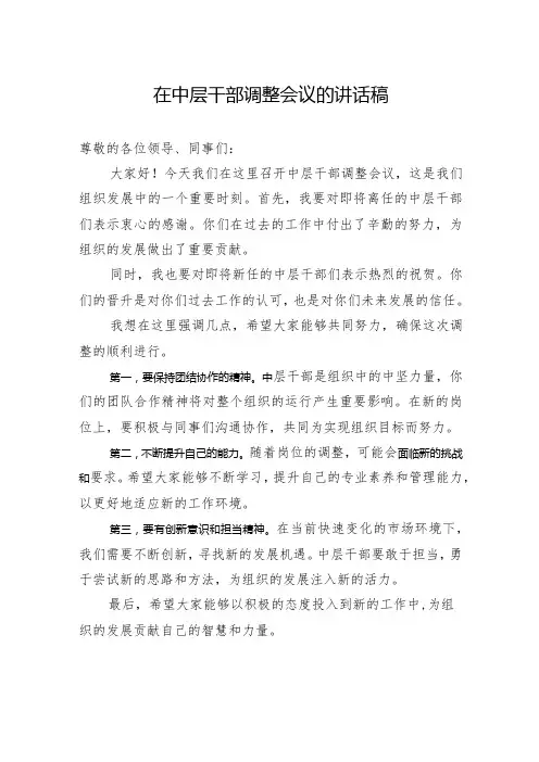 在中层干部调整会议的讲话稿