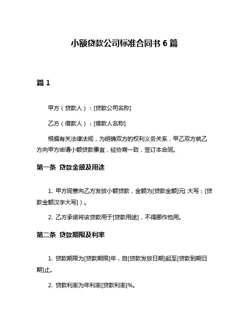 小额贷款公司标准合同书6篇