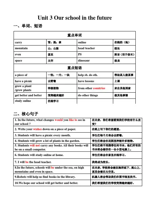 深圳2023六年级下册英语重点知识  Unit 3Our schook in the future