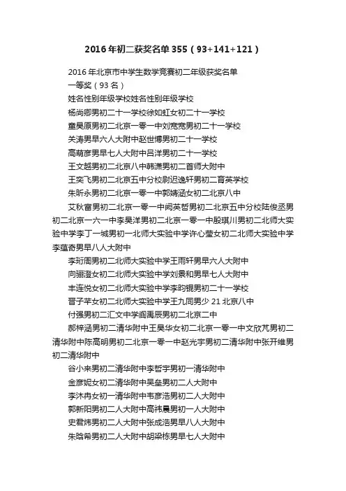 2016年初二获奖名单355（93+141+121）