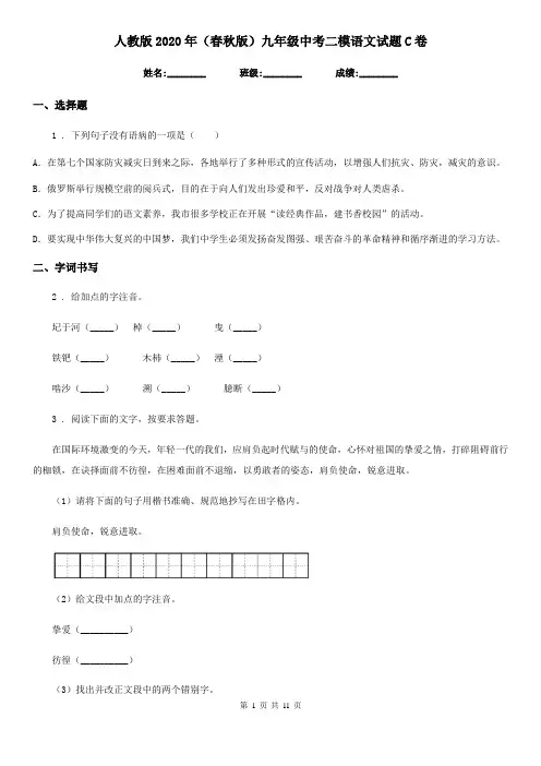 人教版2020年(春秋版)九年级中考二模语文试题C卷