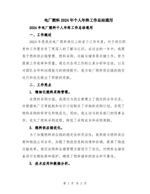 电厂燃料2024年个人年终工作总结通用