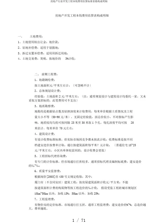房地产行业开发项目成本费用估算标准表格构成明细