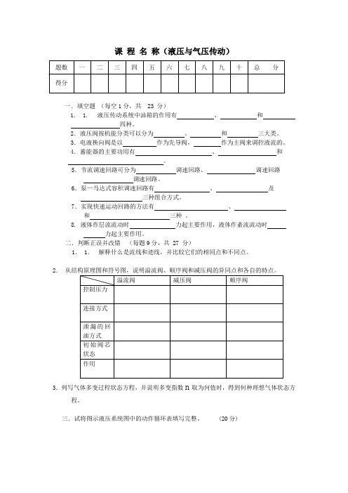 液压传动与控制试卷及答案