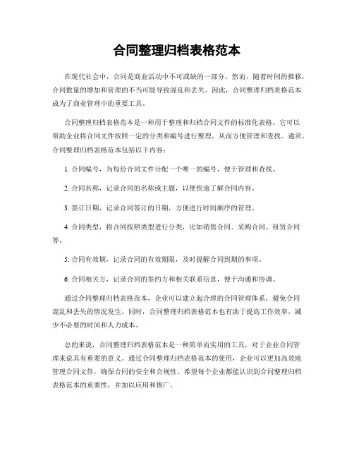 合同整理归档表格范本