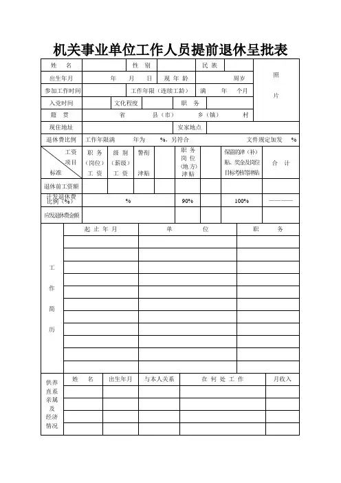 机关事业单位工作人员提前退休呈批表