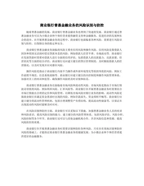 商业银行普惠金融业务的风险识别与防控