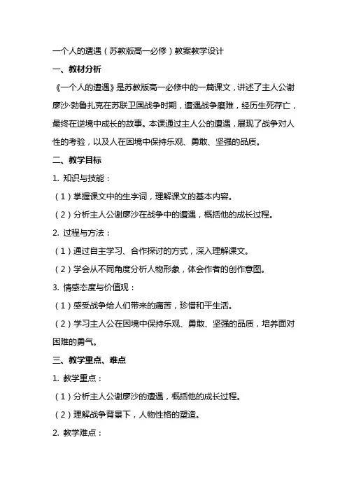 一个人的遭遇(苏教版高一必修) 教案教学设计