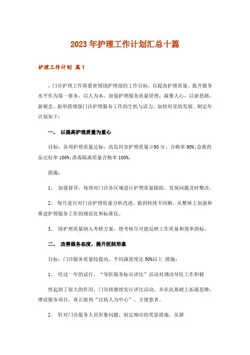 2023年护理工作计划汇总十篇_1