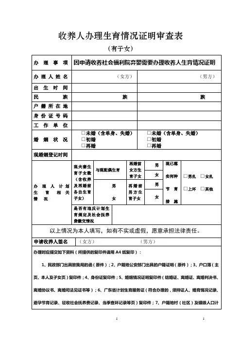 收养人办理生育情况证明审查表【模板】