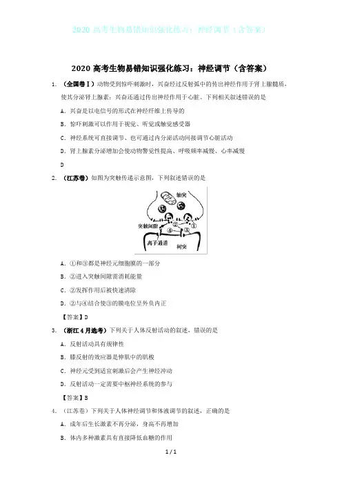 2020高考生物易错知识强化练习：神经调节(含答案)