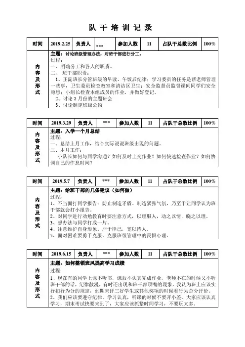 二年级   班队干培训记录(每学期4次)