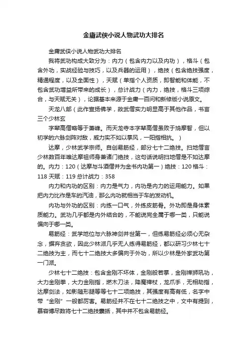 金庸武侠小说人物武功大排名