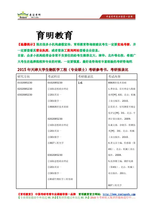 2015年天津大学生物医学工程(专业硕士)考研参考书,考研招生人数,考研经验