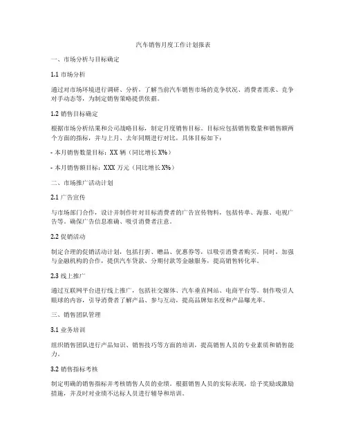 汽车销售月度工作计划报表