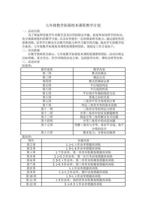 七年级数学拓展校本课程教学计划