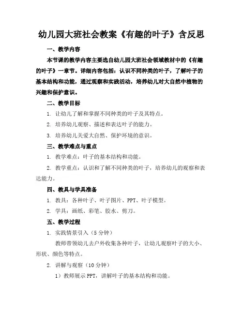 幼儿园大班社会教案《有趣的叶子》含反思