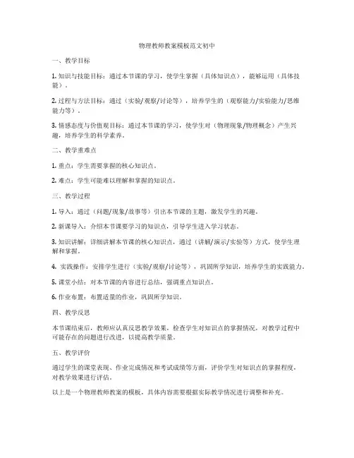 物理教师教案模板范文初中
