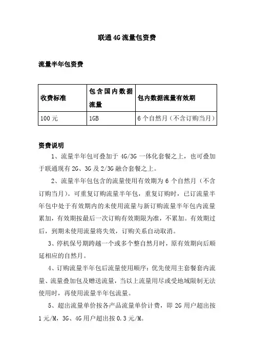 联通4G流量包资费