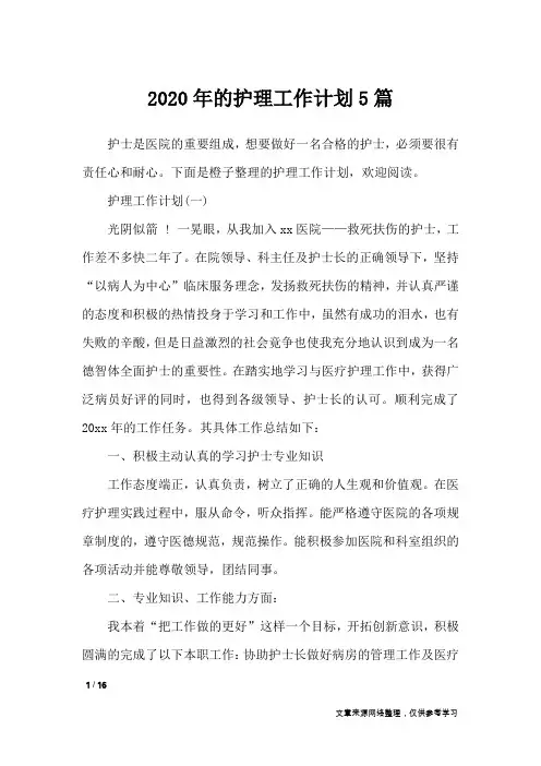 2020年的护理工作计划5篇_工作计划