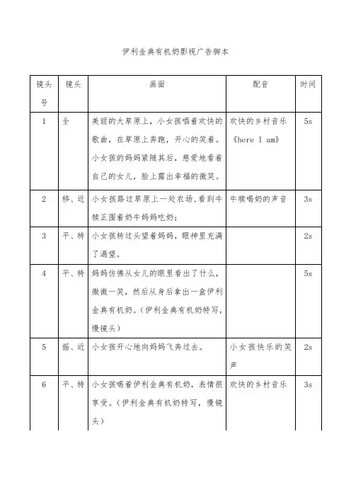 伊利金典有机奶影视广告脚本