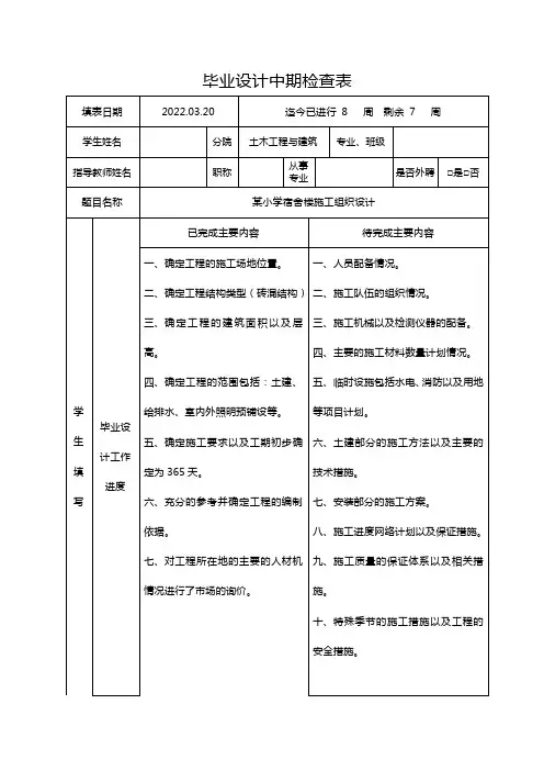 毕业设计施工组织设计中期检查表