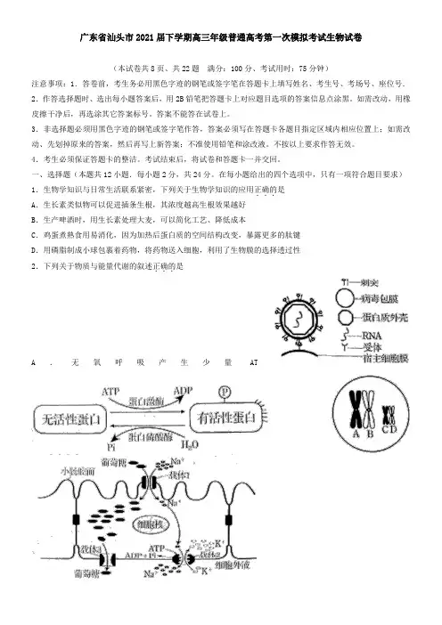 广东省汕头市2021届下学期高三年级普通高考第一次模拟考试生物试卷