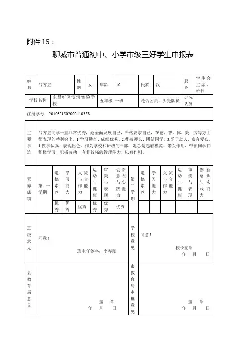 聊城市普通初中、小学市级三好学生申报表