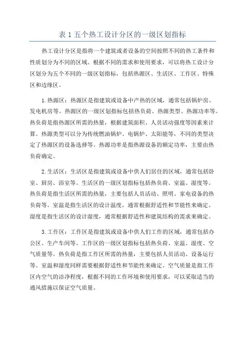 表1五个热工设计分区的一级区划指标
