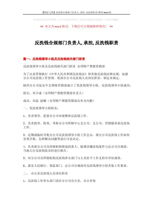 【精品文档】反洗钱合规部门负责人,承担,反洗钱职责-推荐word版 (10页)