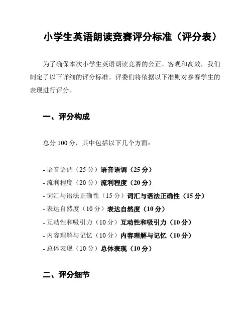 小学生英语朗读竞赛评分标准(评分表)