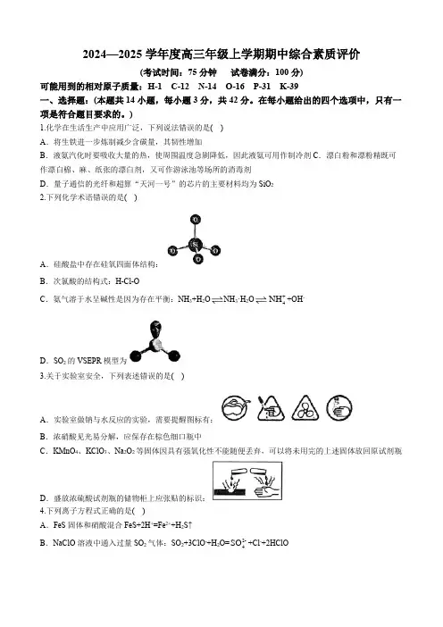 河北省衡水中学2024-2025学年高三上学期期中综合素质评价化学试题(无答案)