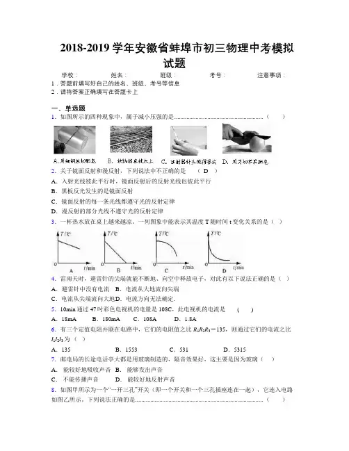 最新2018-2019学年安徽省蚌埠市初三物理中考模拟试题及解析