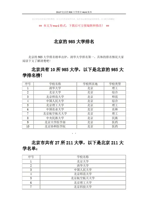 2018-北京的985大学排名word版本 (2页)