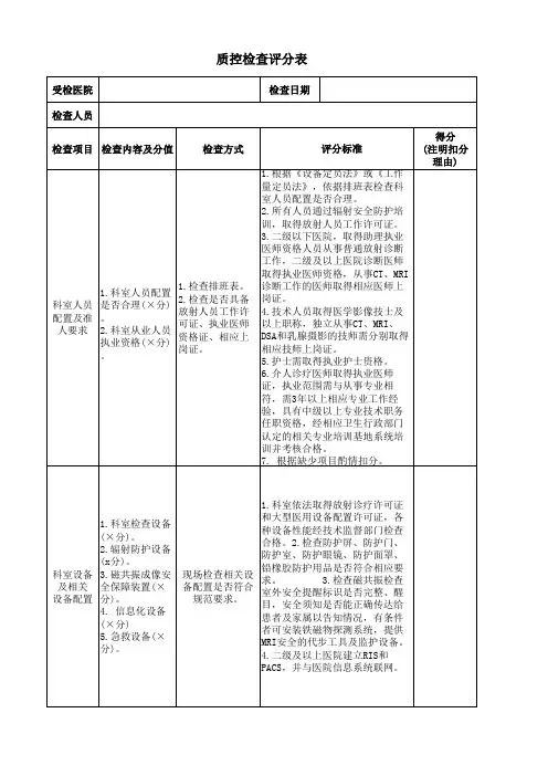 放射医学质量控制检查评分表