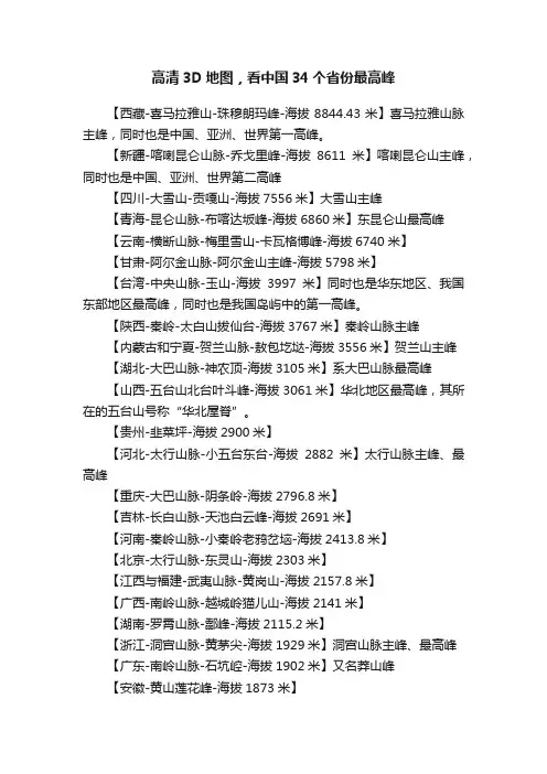 高清3D地图，看中国34个省份最高峰
