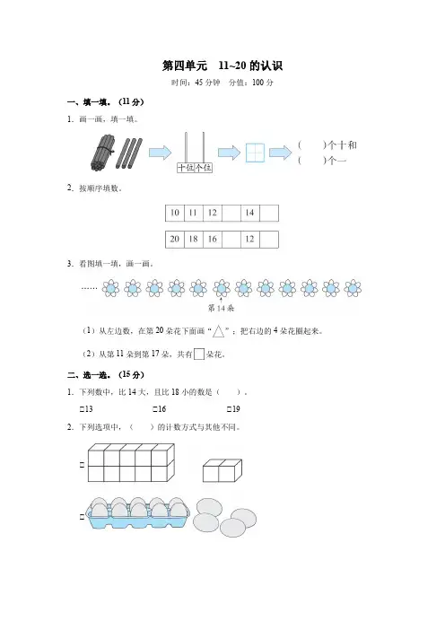 第四单元11~20的认识 综合检测卷三(含答案)人教版一年级上册2024