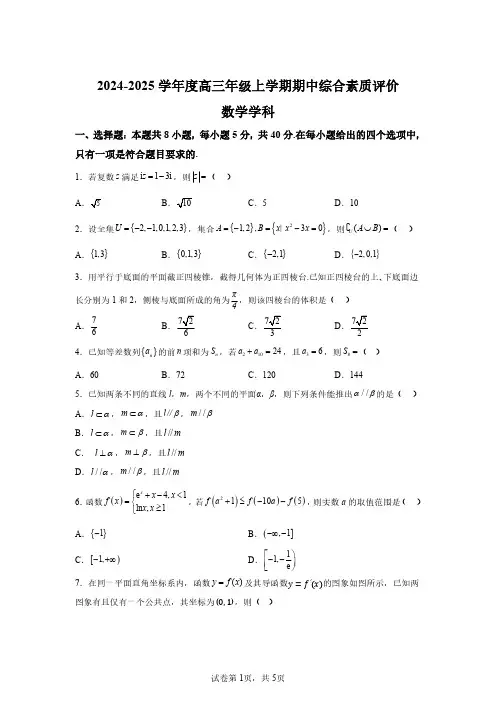 河北省衡水中学2024-2025学年高三上学期期中综合素质评价数学试题及答案