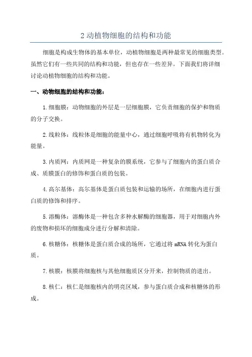 2动植物细胞的结构和功能