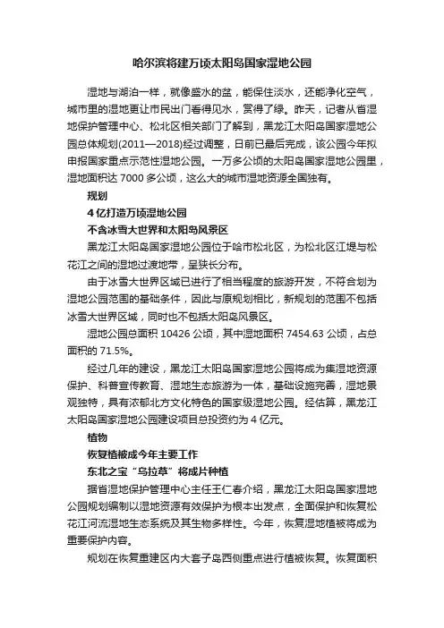 哈尔滨将建万顷太阳岛国家湿地公园