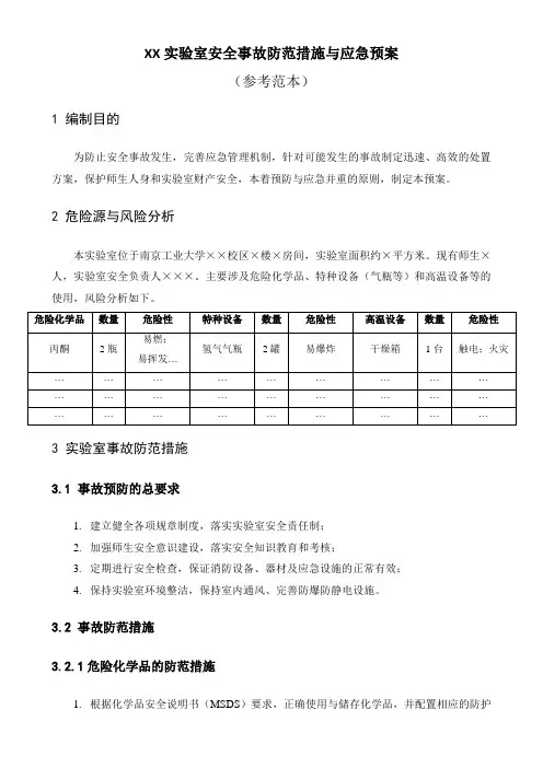 XX实验室安全事故防范措施与应急预案参考范本