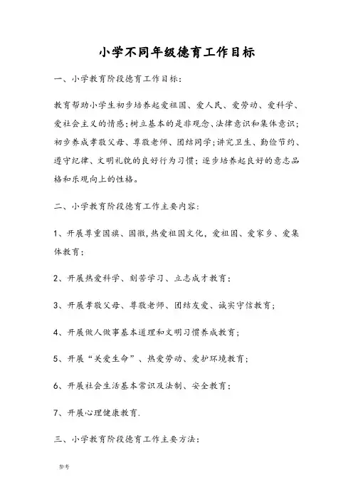 小学阶段各年级德育目标