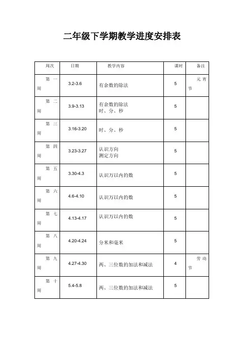 二年级下册数学教学进度安排表