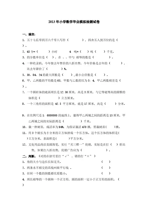 2013年小学数学毕业模拟检测试卷