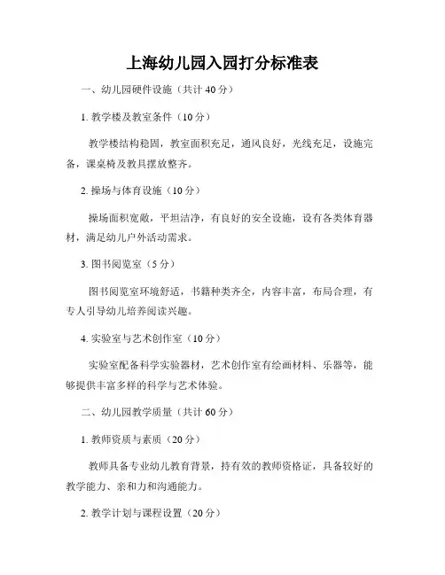 上海幼儿园入园打分标准表