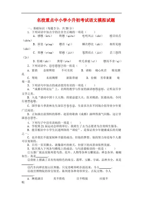 成都市外国语小学小升初语文模拟试题(共5套)详细答案