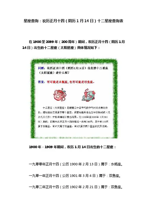 星座查询：农历正月十四（阴历1月14日）十二星座查询表