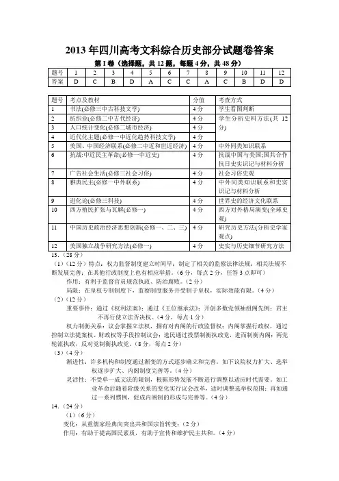 2013年四川高考文科综合历史部分试题卷答案